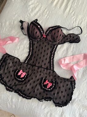 Black Polka Dot Mesh Chemise with Pink Accents